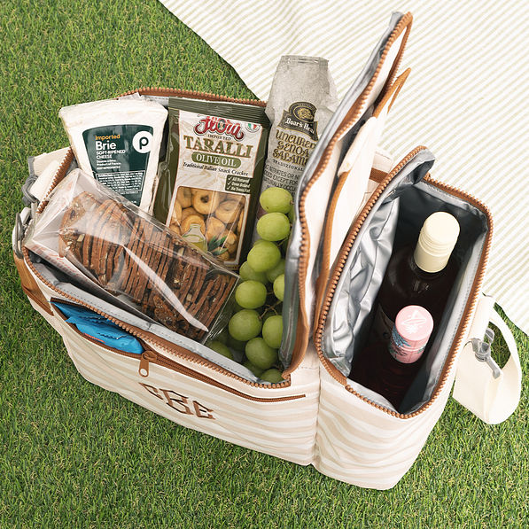 khaki stripes personalized dual compartment cooler packed with food