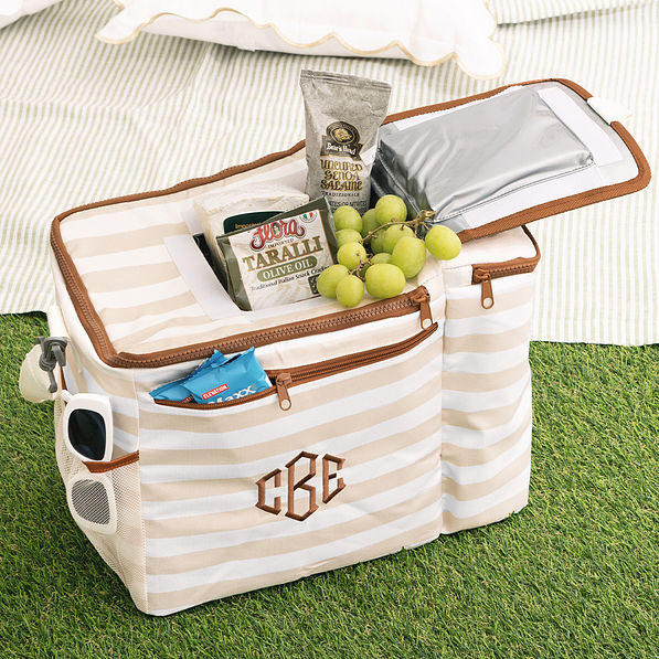 monogrammed dual compartment cooler in khaki stripes with food