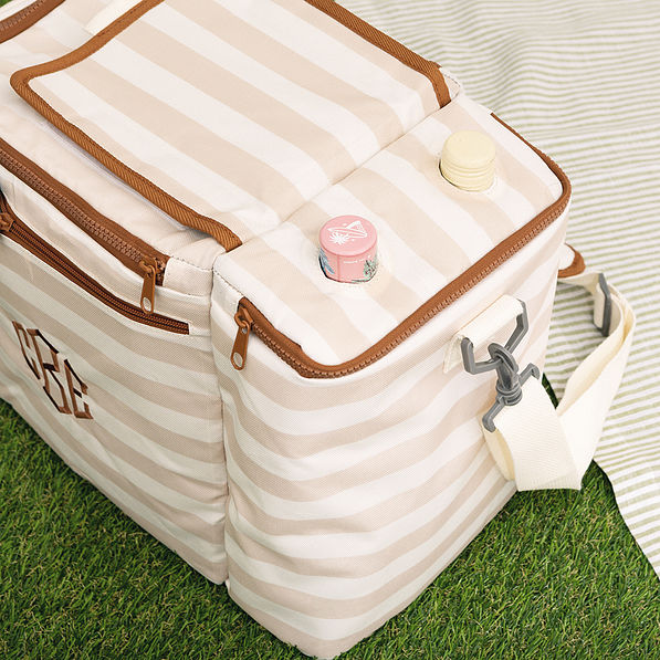 personalized dual compartment cooler in khaki stripes with wine