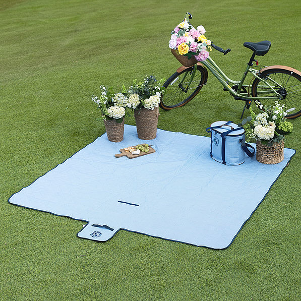 navy seersucker monogrammed picnic blanket spread out