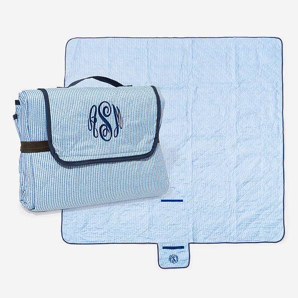 personalized picnic blanket in navy seersucker