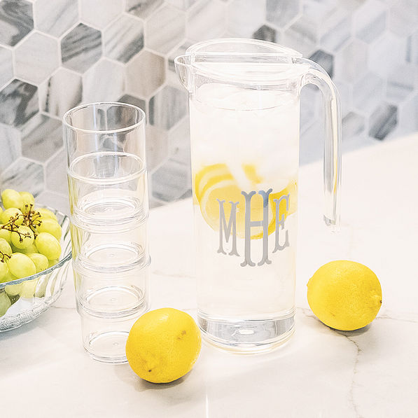 clear personalized acrylic pitcher with nesting cups with lemons