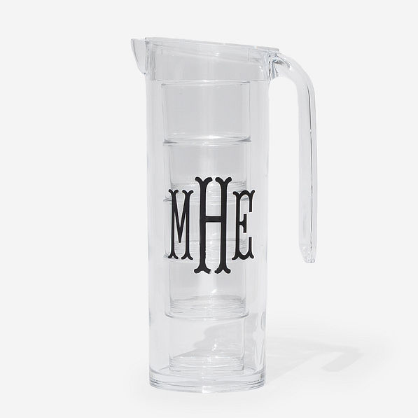 monogrammed acrylic pitcher with nesting cups in clear