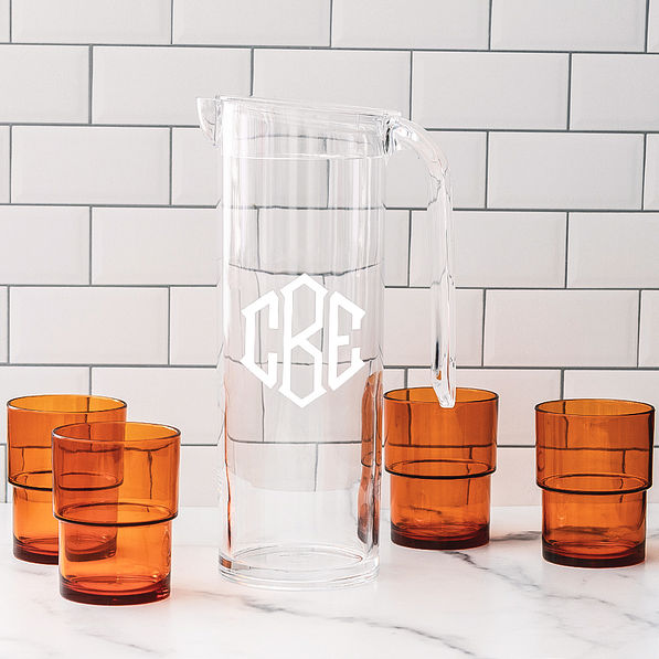 personalized acrylic pitcher with nesting cups in orange