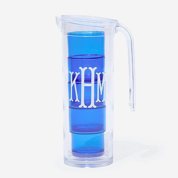 monogrammed acrylic pitcher with nesting cups in blue