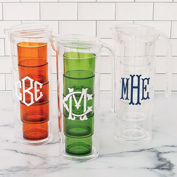 monogrammed acrylic pitchers with nesting cups in orange green and clear
