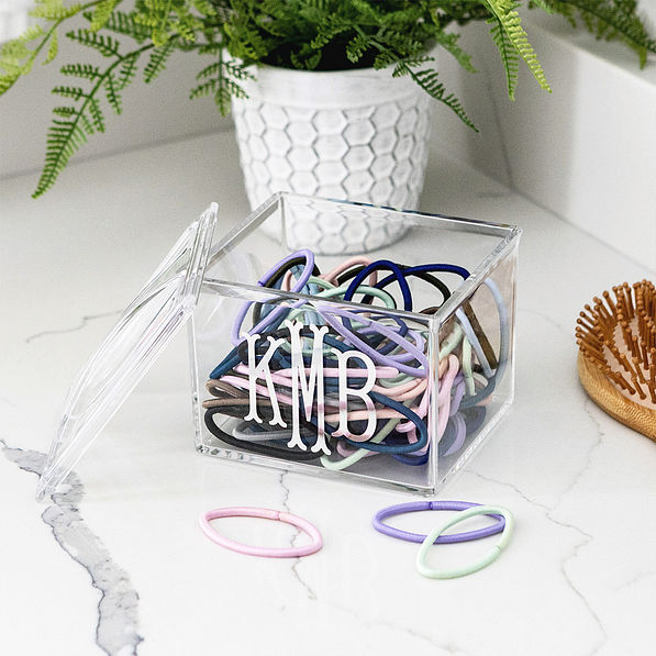 clear acrylic cotton ball holder with hair ties