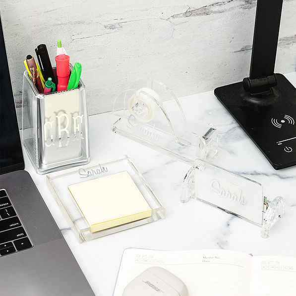 Clear Personalized Memo Pad Holder with office supplies