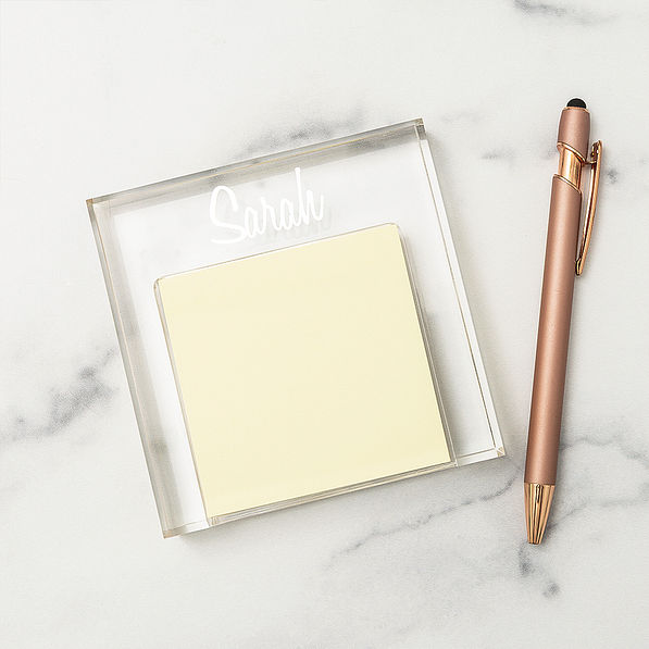Clear Personalized Memo Pad Holder on marble