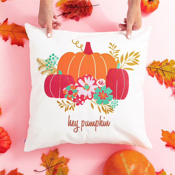harvest pumpkin fall pillow sham on pink background