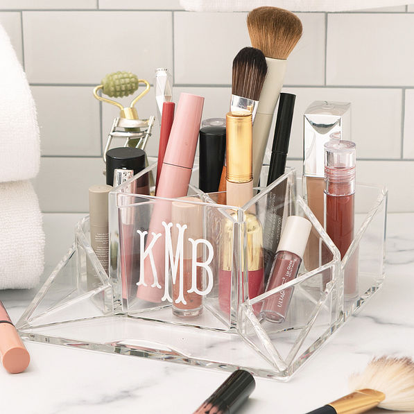 monogrammed makeup organizer in bathroom