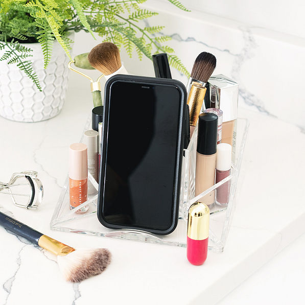 phone on personalized makeup organizer