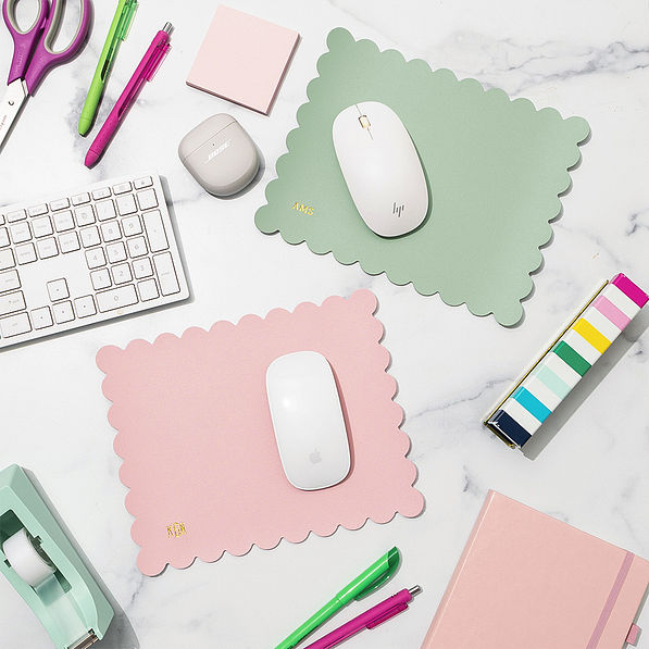 pink and mint scalloped mouse pad flatlay office desk