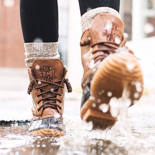 Sample Sale Duck Boots Splashing in Rain!