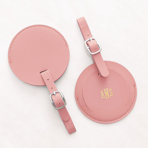 personalized luggage tag in pink front and back