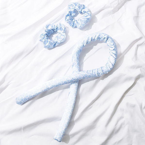 blue shells heatless curls set flatlay