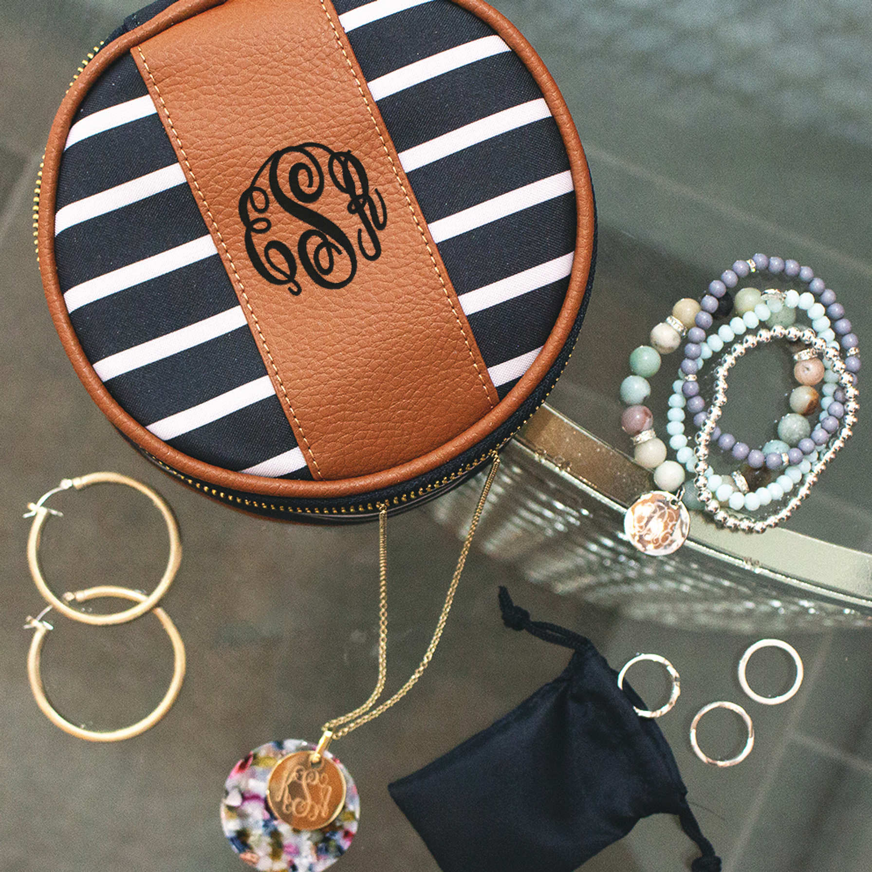 monogrammed leather travel jewelry case