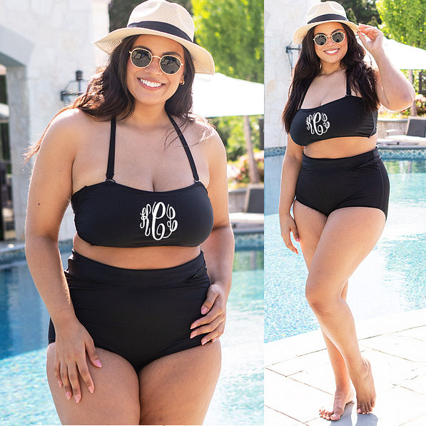 black monogrammed bandeau top wit high waisted bikini bottoms at the pool