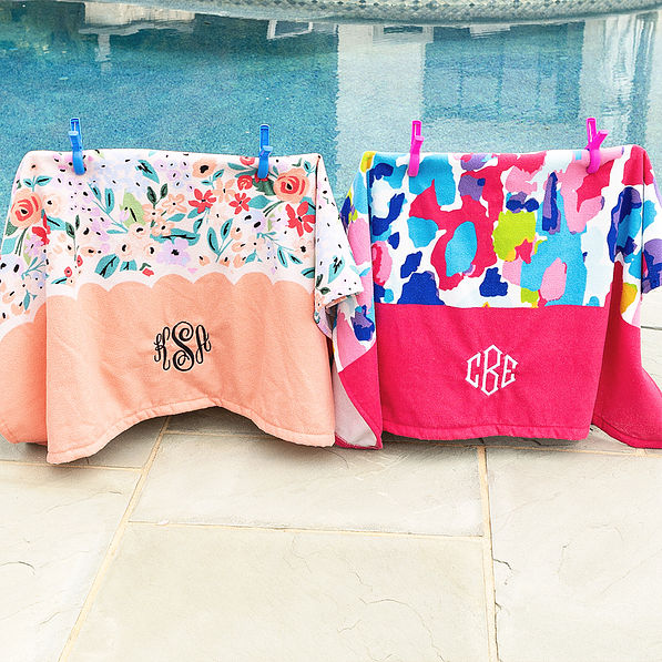 Blue and pink beach chair towel clips with coral floral and watercolor cheetah