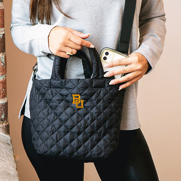 Close up of Diamond Quilted Crossbody with phone