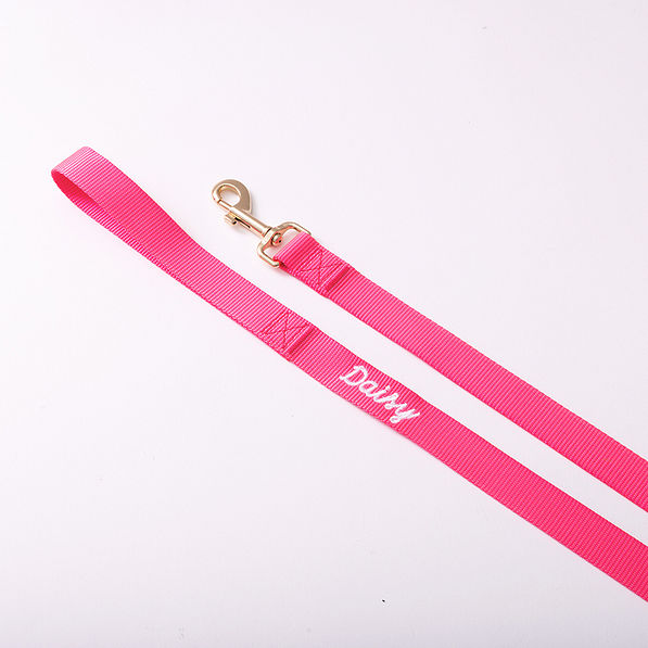 close up of personalized dog leash in hot pink
