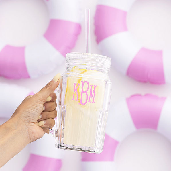 personalized mason jar with pink monogram