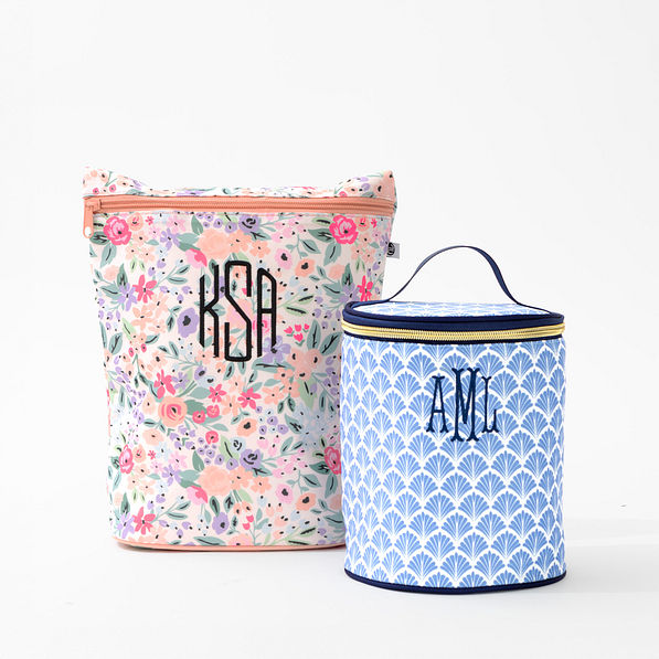 coral floral and blue shells ditty bags