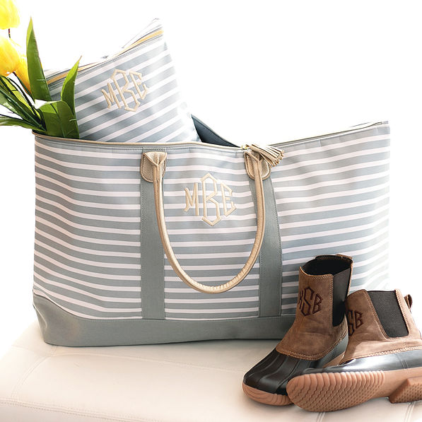monogrammed travel set in gray and white stripes