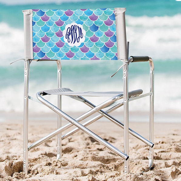 mermaid fishtail monogrammed beach chair in the sand