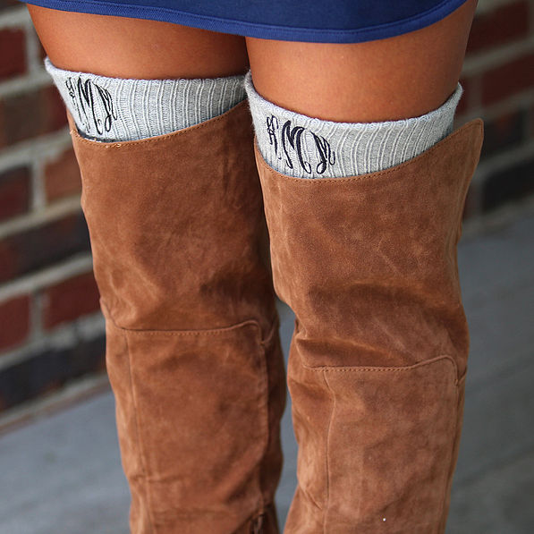monogrammed gray tall knee socks with boots