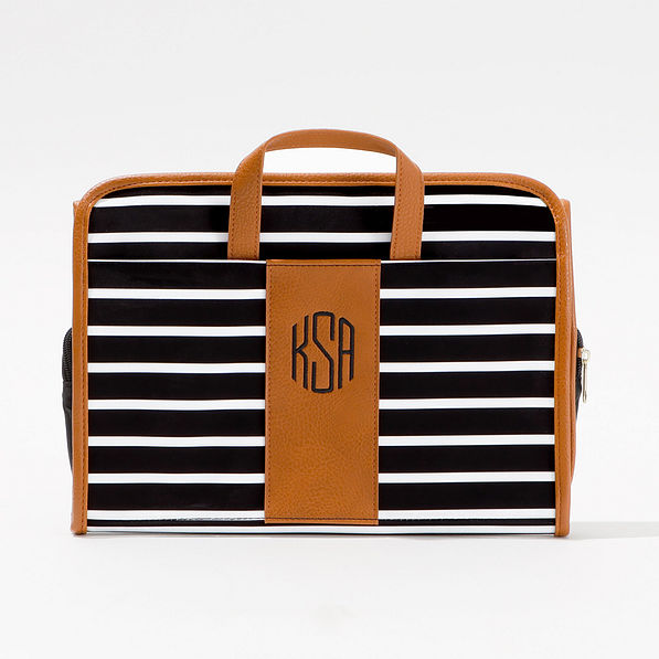 monogrammed striped hanging toiletry bag
