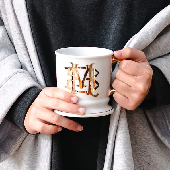 initial crest monogrammed coffee mug in white and gold