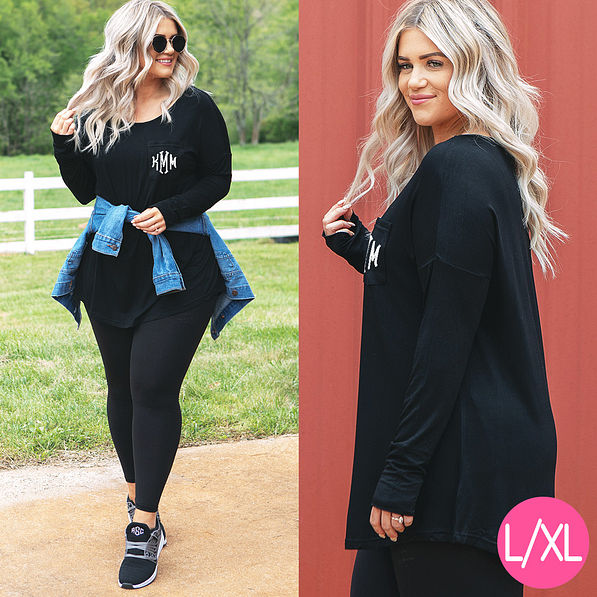 monogrammed black tunic shirt with denim jacket and leggings