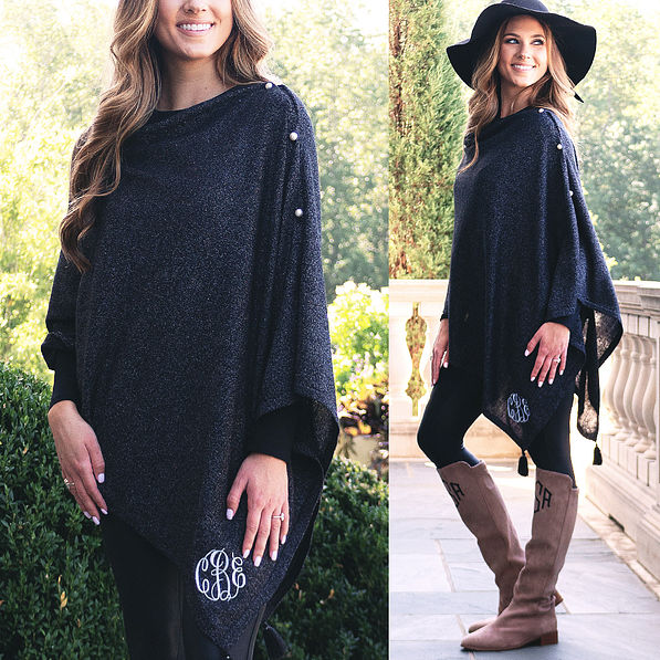 shimmery monogrammed luxe poncho with riding boots