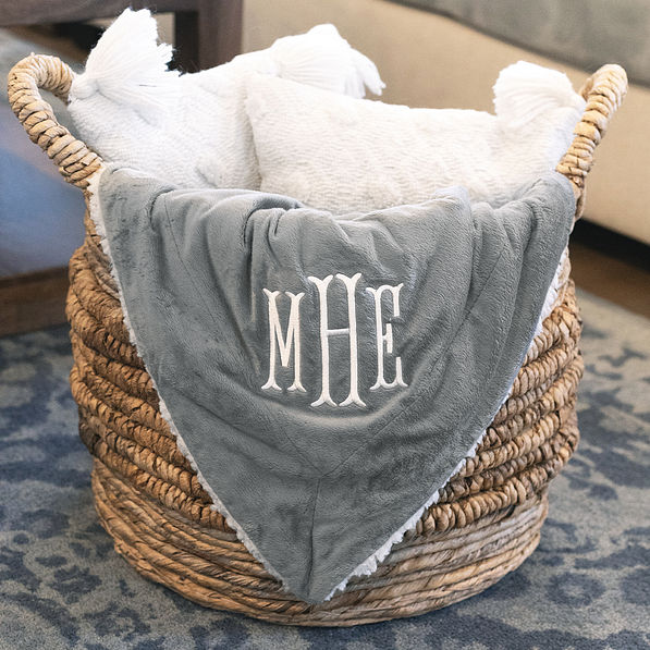 gray personalized sherpa blanket on basket