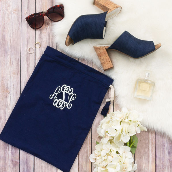 navy monogrammed shoe bag with mules