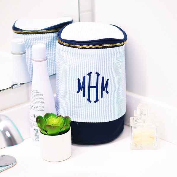 monogrammed blue seersucker ditty bag in bathroom