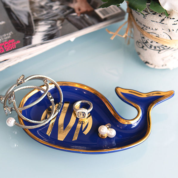 monogrammed whale ceramic jewelry tray