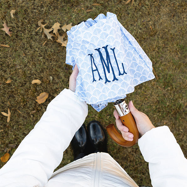 blue shells umbrella in hand
