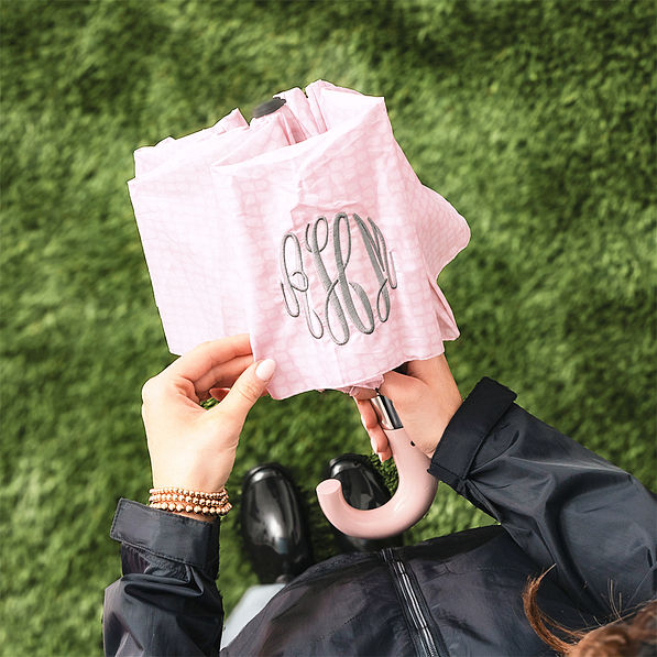 pink pebbles umbrella in hand