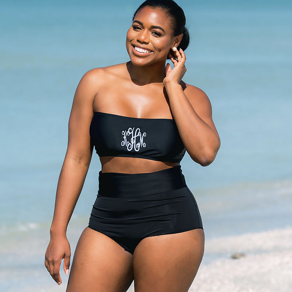 monogrammed bandeau top with high waisted bikini bottoms