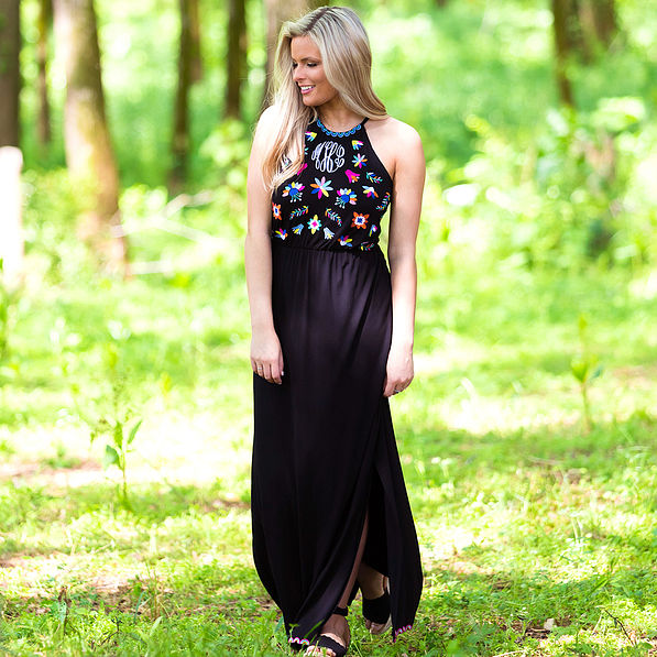 personalized black maxi dress with embroidered flowers