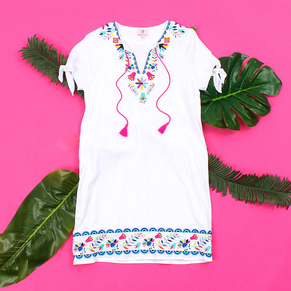 white monogrammed dress, white dress with floral embroidery