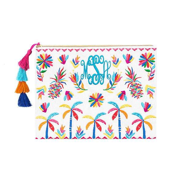 white embroidered cabana colorful clutch