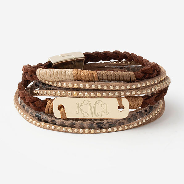 monogrammed wrap bracelet stack in brown