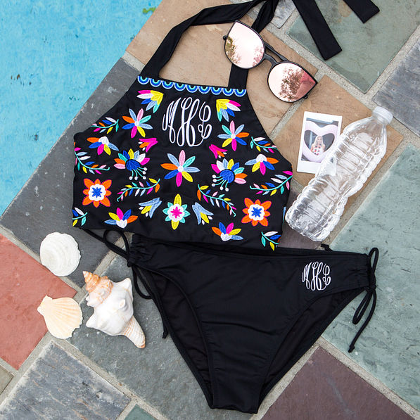 Monogrammed Mexicali High Neck Bikini Top on a pool deck