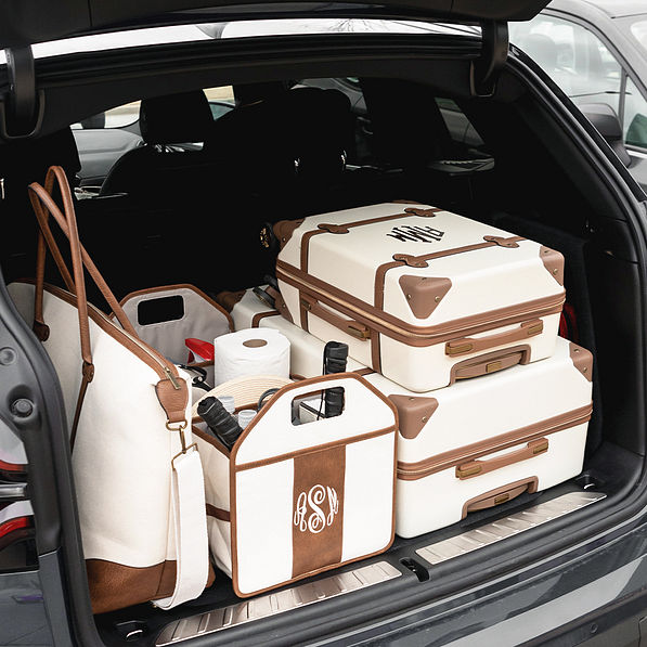 ivory trunk organizer in trunk with vintage collection