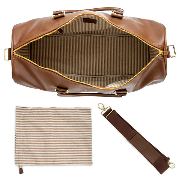 Monogrammed Weekender with striped pouch and removable strap