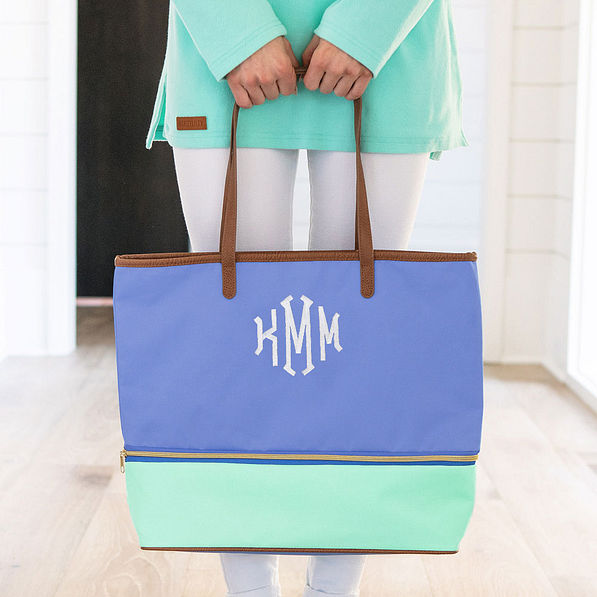 blue and mint monogrammed expandable overnight bag