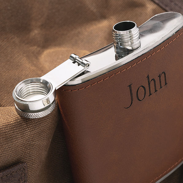 personalized leather wrapped flask detail shot